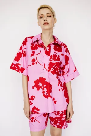 Cotton Tunic Shirt in Red and Pink Floral