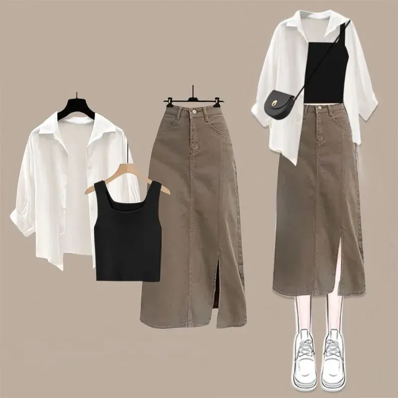 مجموعة أروين التجارية ARWEN & AJH GROUP 2024 Summer New Korean Elegant Dress Matching Set Women's Fashion Sunscreen Shirt Vest Cowboy Midi Skirt Three Piece Female Suit