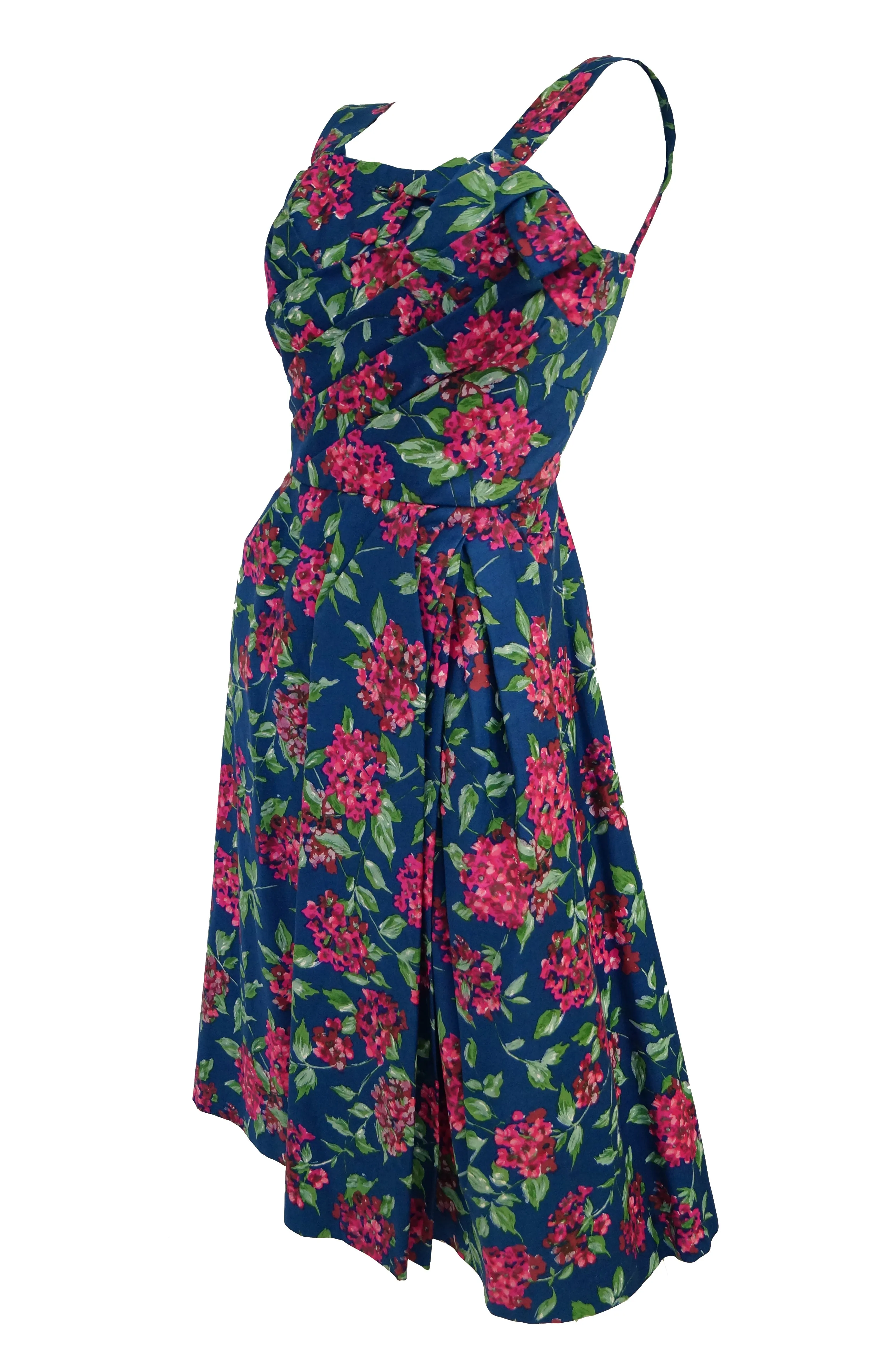 1950s Marty Modell Navy and Pink Floral Ribbed Cotton Faille Dress