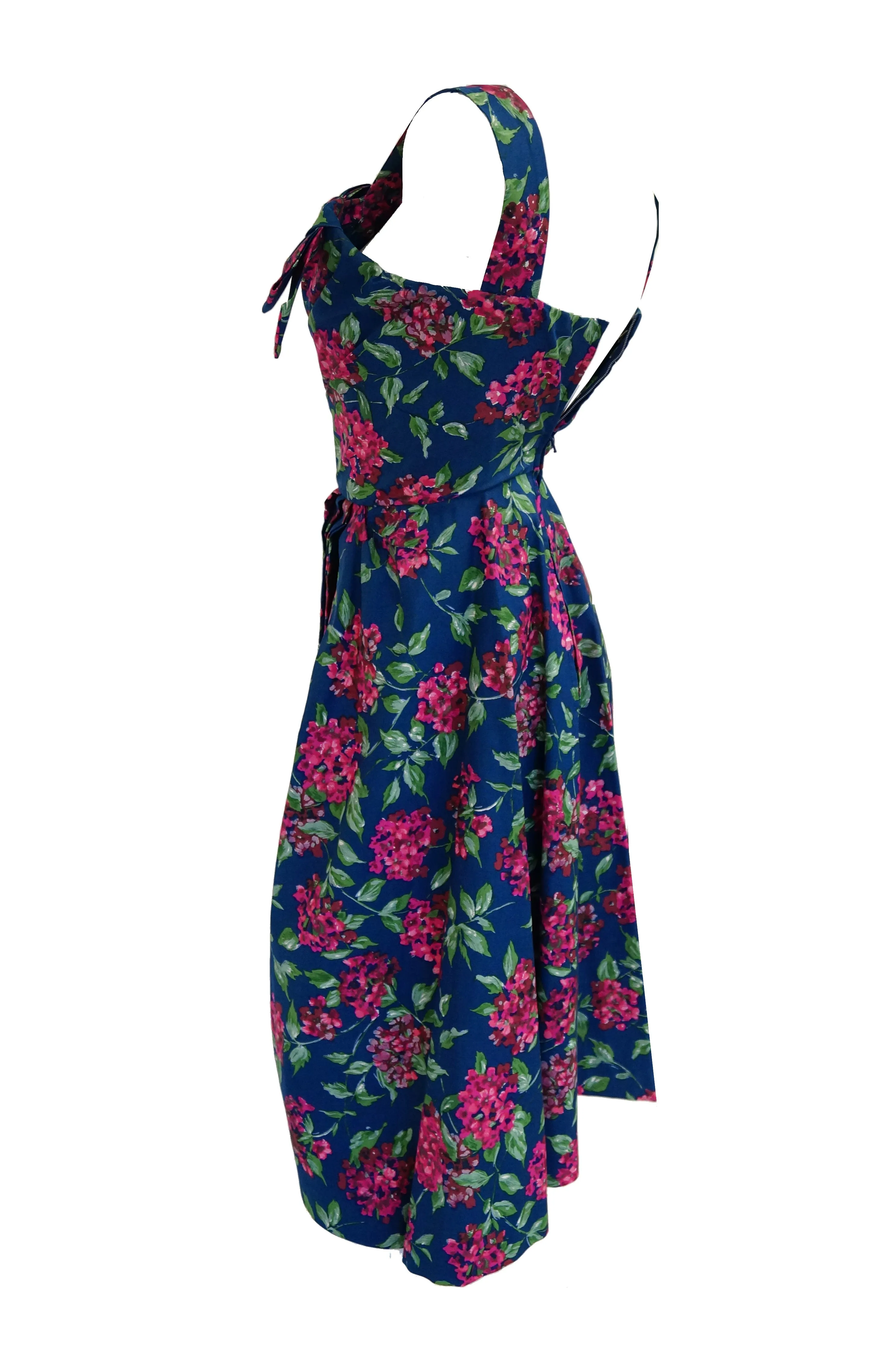 1950s Marty Modell Navy and Pink Floral Ribbed Cotton Faille Dress