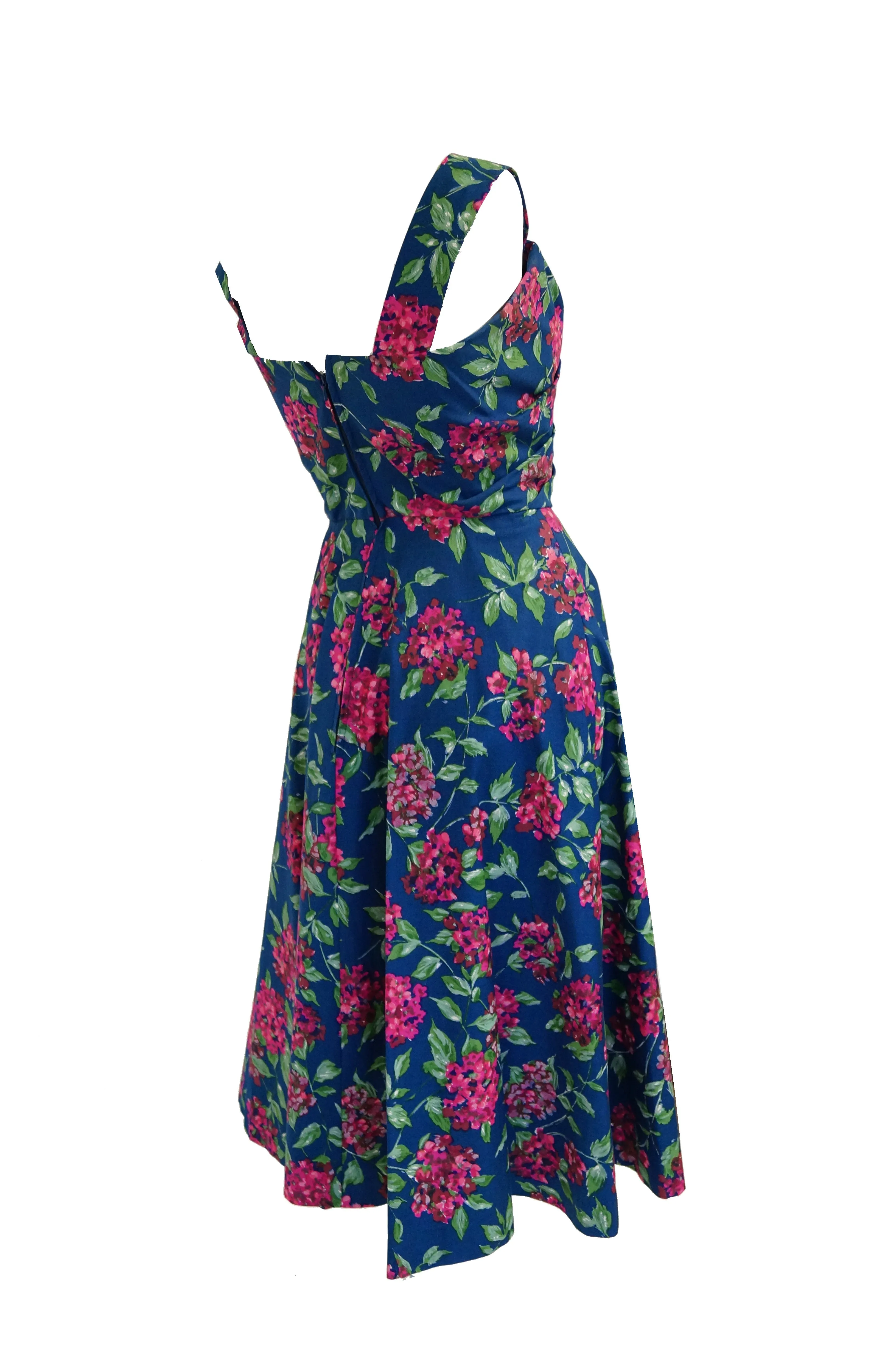 1950s Marty Modell Navy and Pink Floral Ribbed Cotton Faille Dress