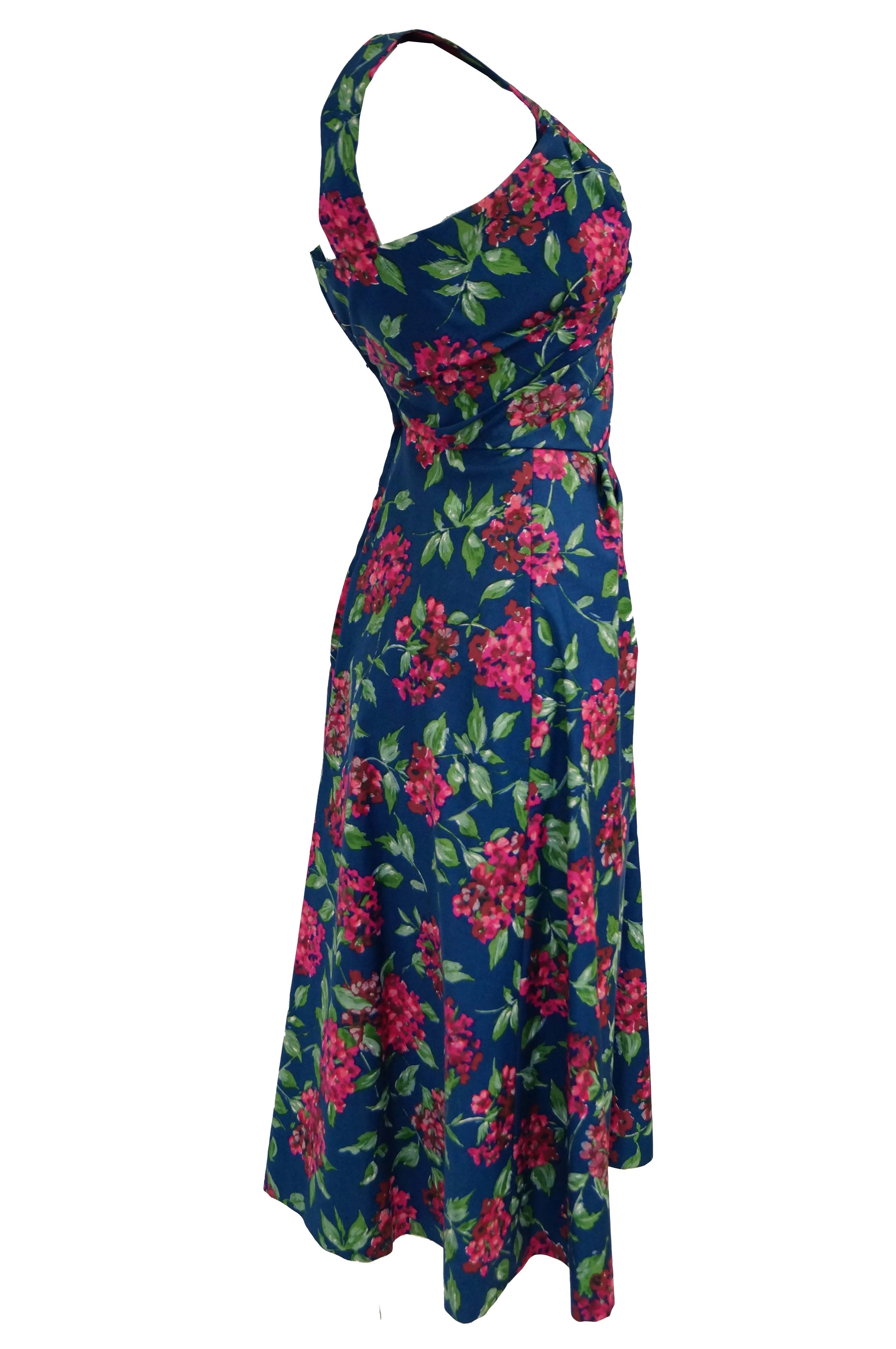 1950s Marty Modell Navy and Pink Floral Ribbed Cotton Faille Dress