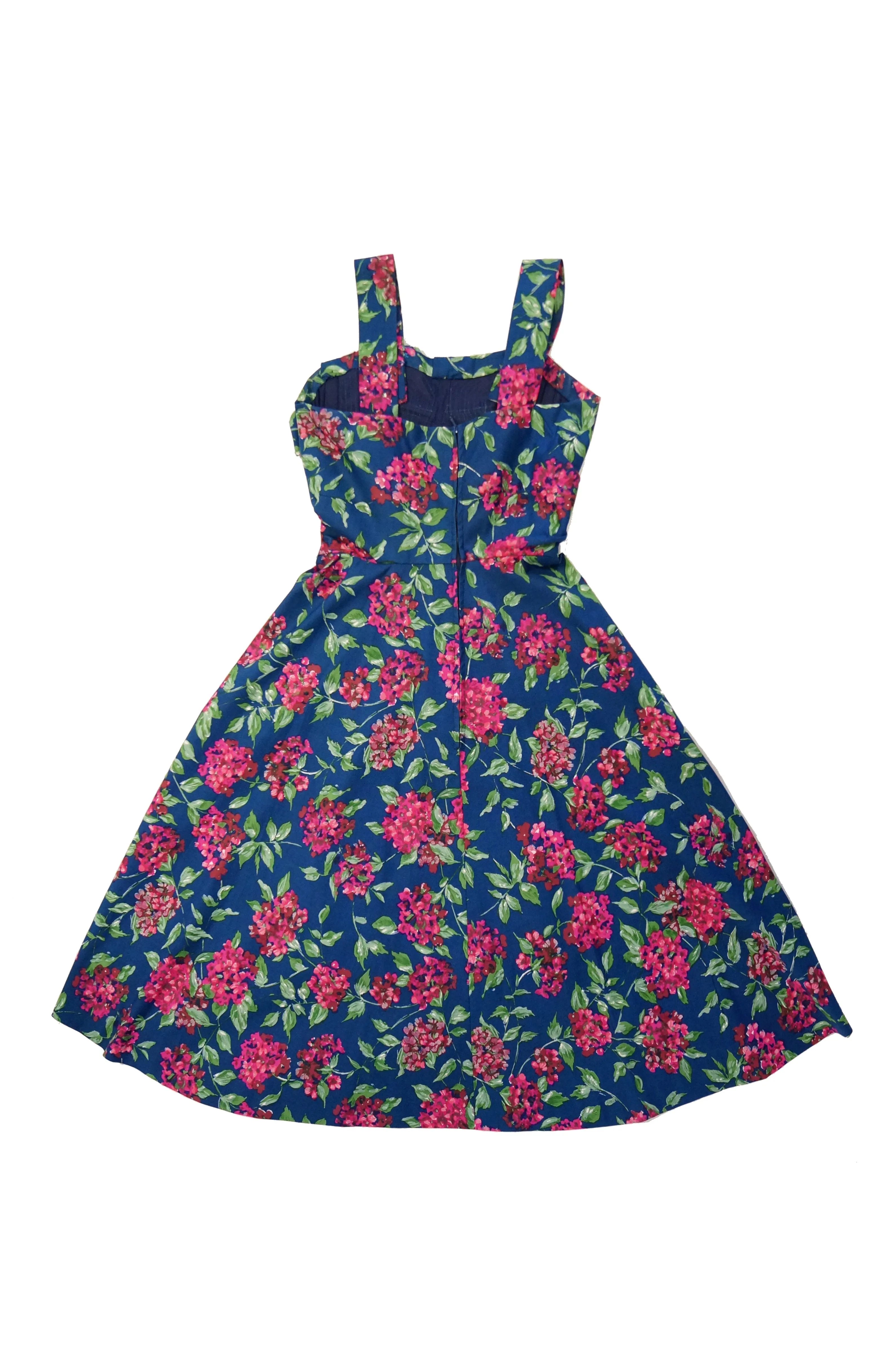 1950s Marty Modell Navy and Pink Floral Ribbed Cotton Faille Dress