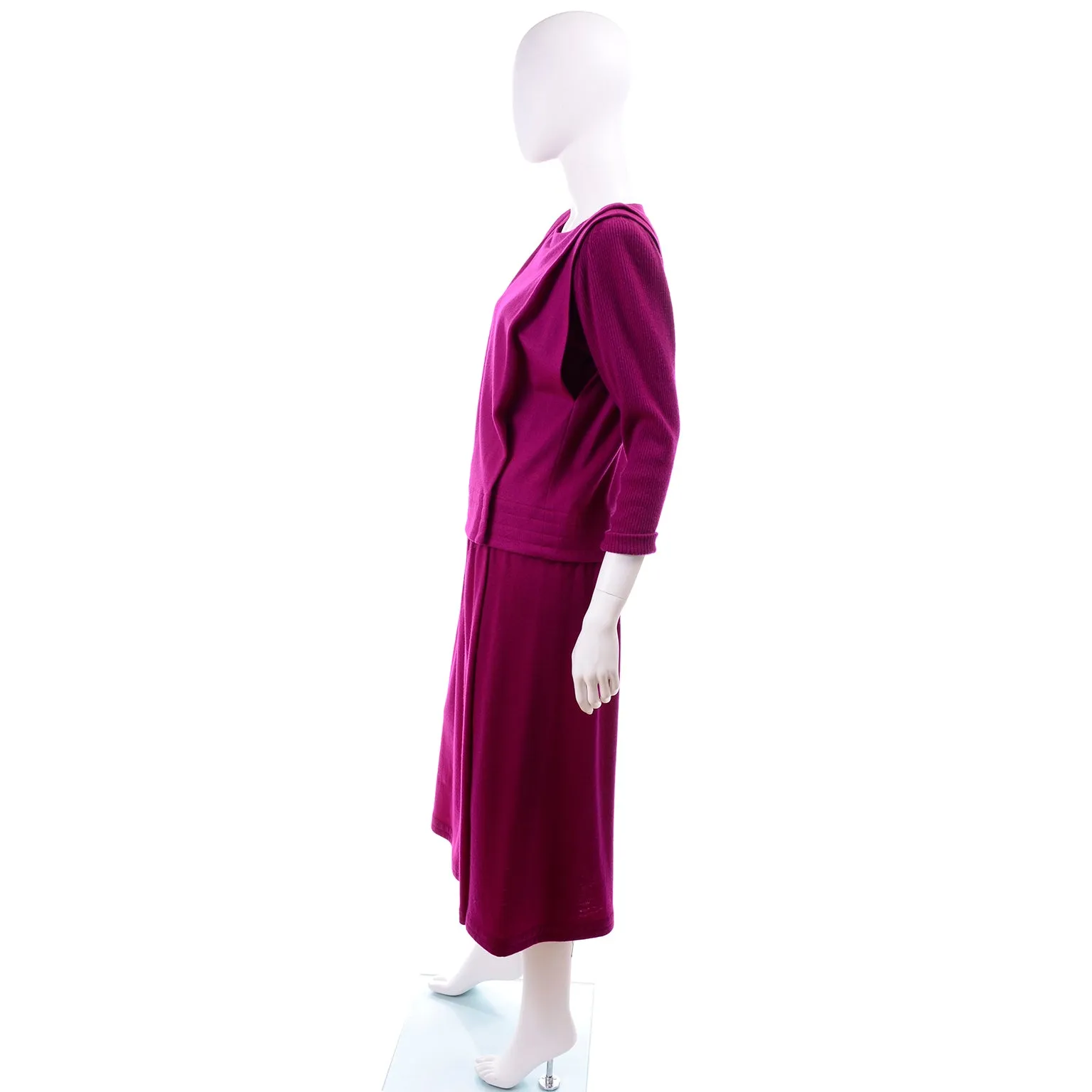 1980s Norma Walters Vintage Magenta Fuchsia Pink Knit 2 Piece Dress