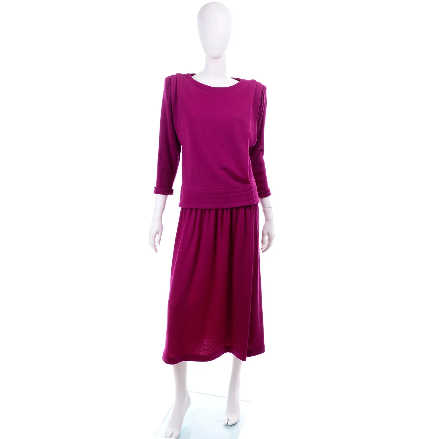 1980s Norma Walters Vintage Magenta Fuchsia Pink Knit 2 Piece Dress