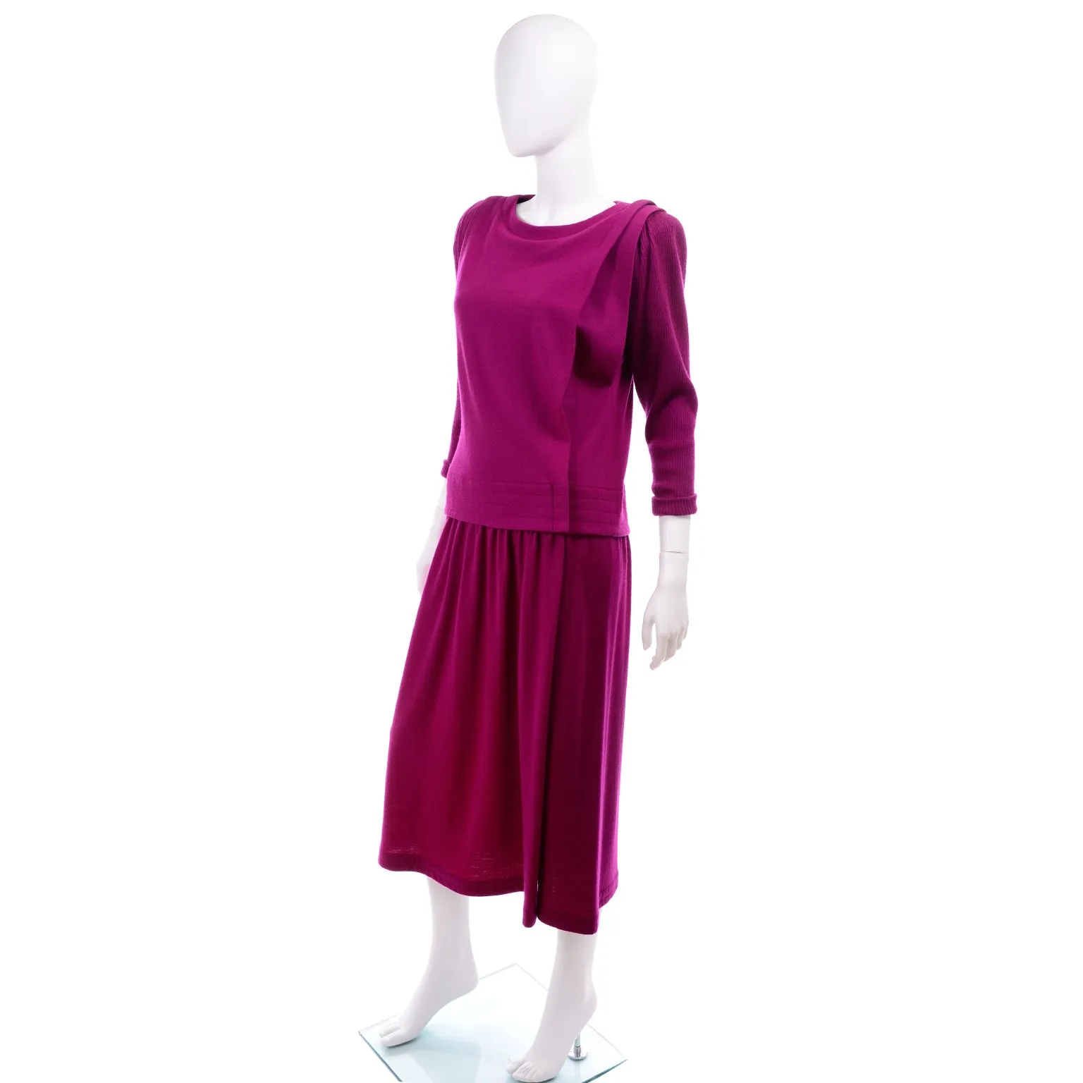 1980s Norma Walters Vintage Magenta Fuchsia Pink Knit 2 Piece Dress