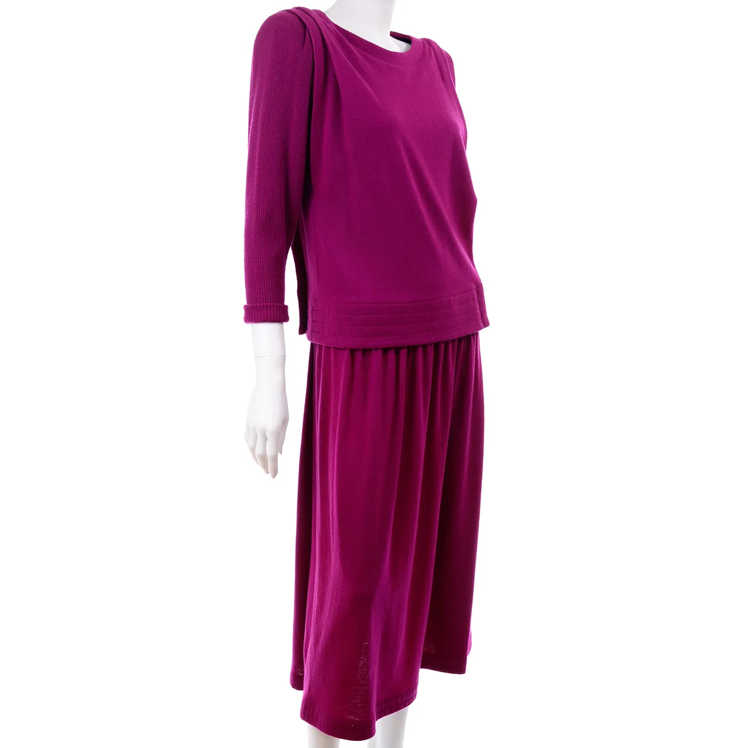 1980s Norma Walters Vintage Magenta Fuchsia Pink Knit 2 Piece Dress