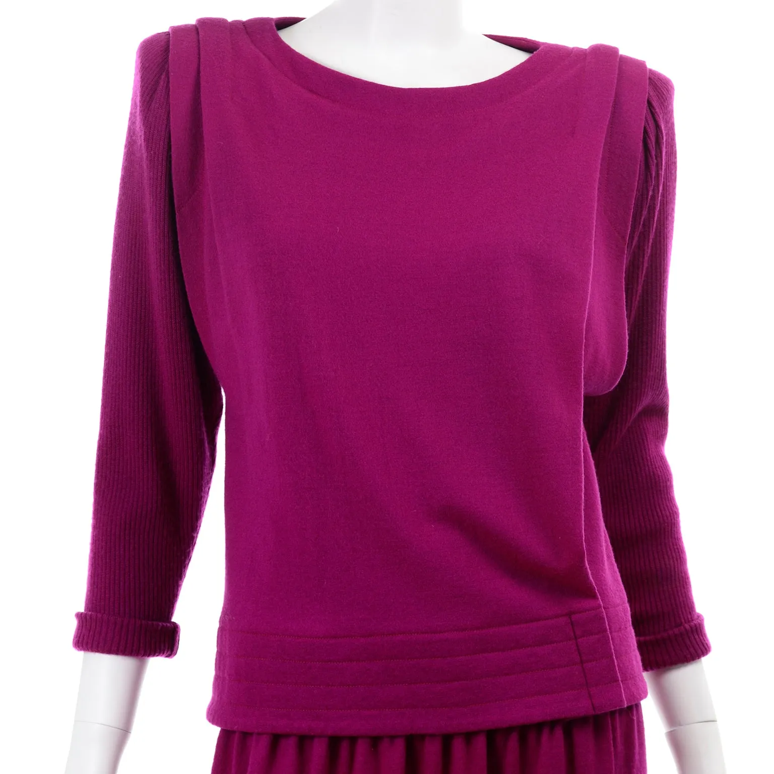 1980s Norma Walters Vintage Magenta Fuchsia Pink Knit 2 Piece Dress