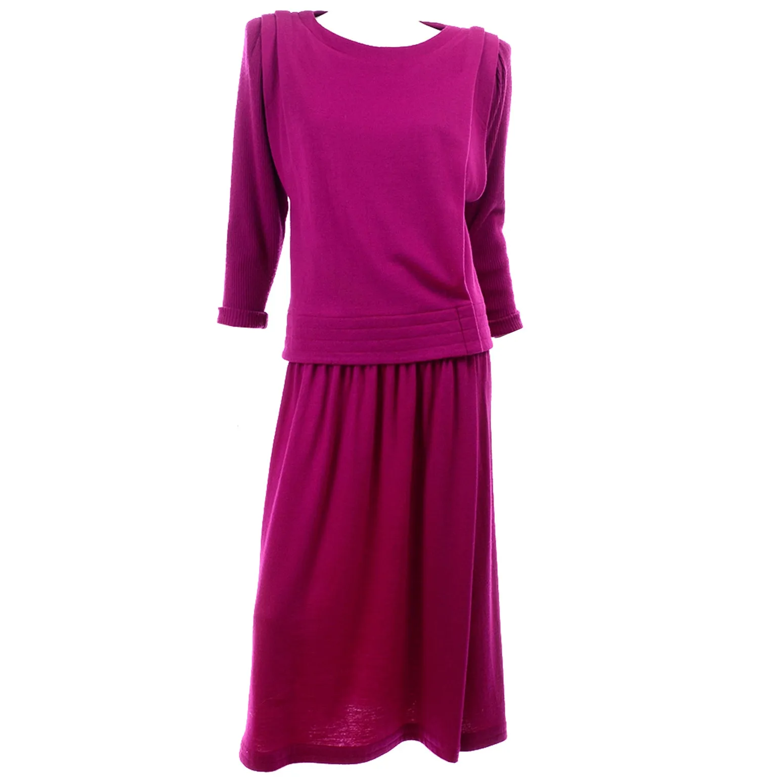 1980s Norma Walters Vintage Magenta Fuchsia Pink Knit 2 Piece Dress