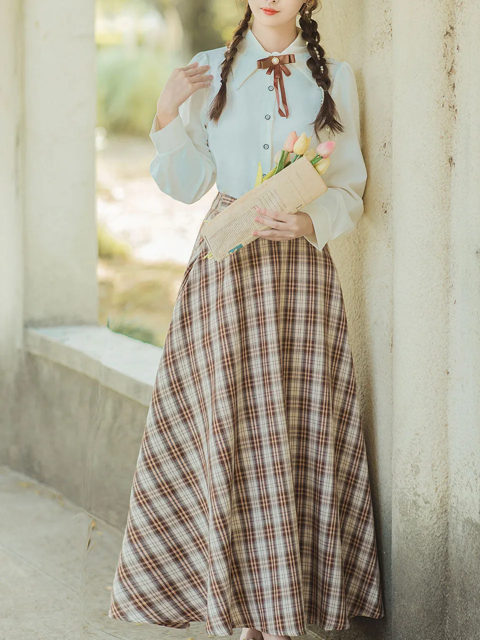 3PS White Long Sleeve Shirt With Brown Plaid Print Vest And Skirt Suits