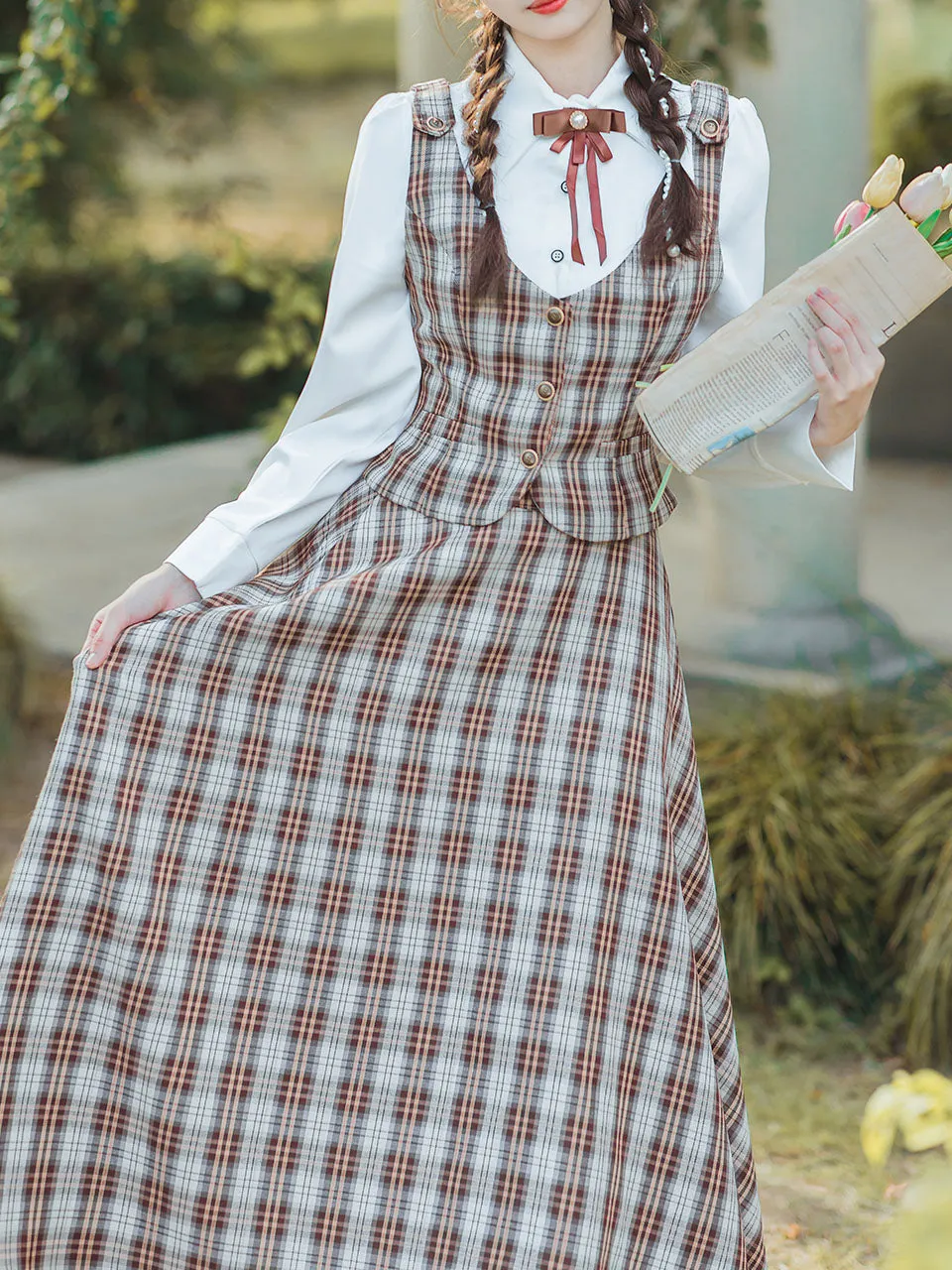 3PS White Long Sleeve Shirt With Brown Plaid Print Vest And Skirt Suits