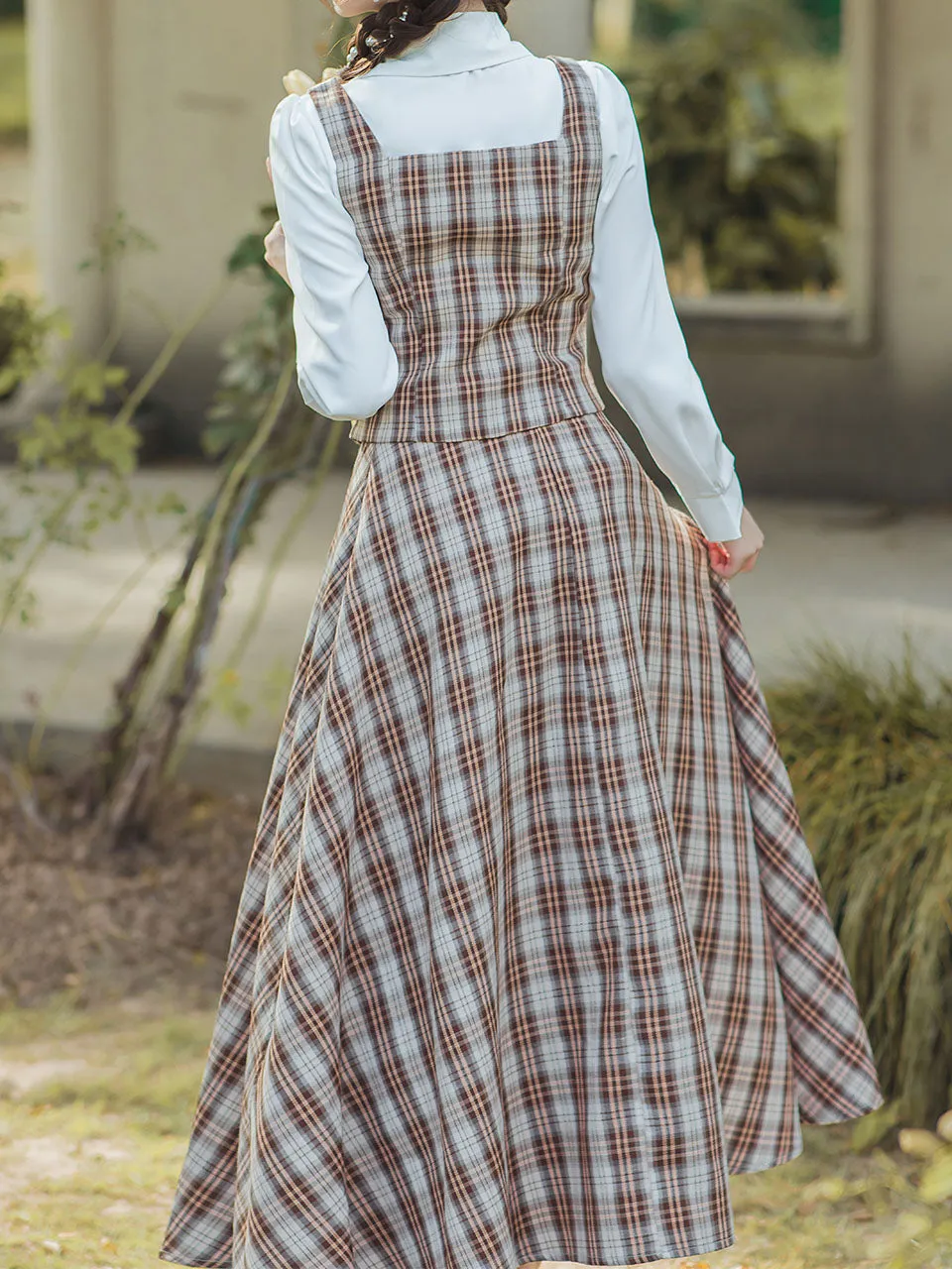 3PS White Long Sleeve Shirt With Brown Plaid Print Vest And Skirt Suits