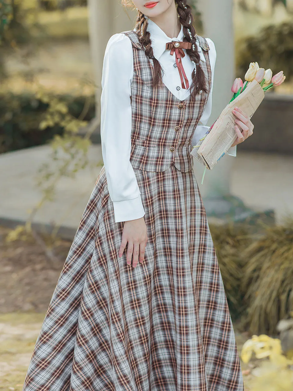 3PS White Long Sleeve Shirt With Brown Plaid Print Vest And Skirt Suits