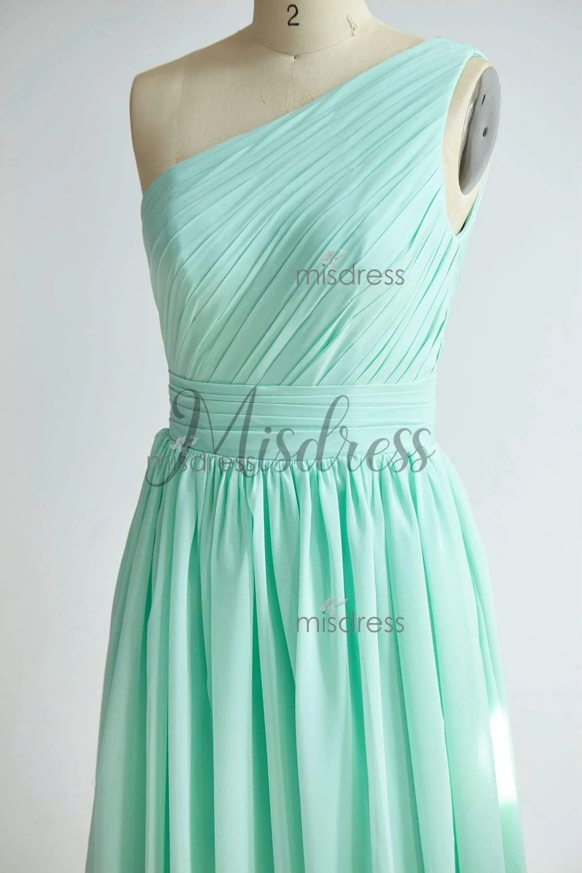 A-line One Shoulder Mint Chiffon Floor Length Wedding Bridesmaid Dress