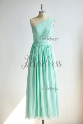 A-line One Shoulder Mint Chiffon Floor Length Wedding Bridesmaid Dress