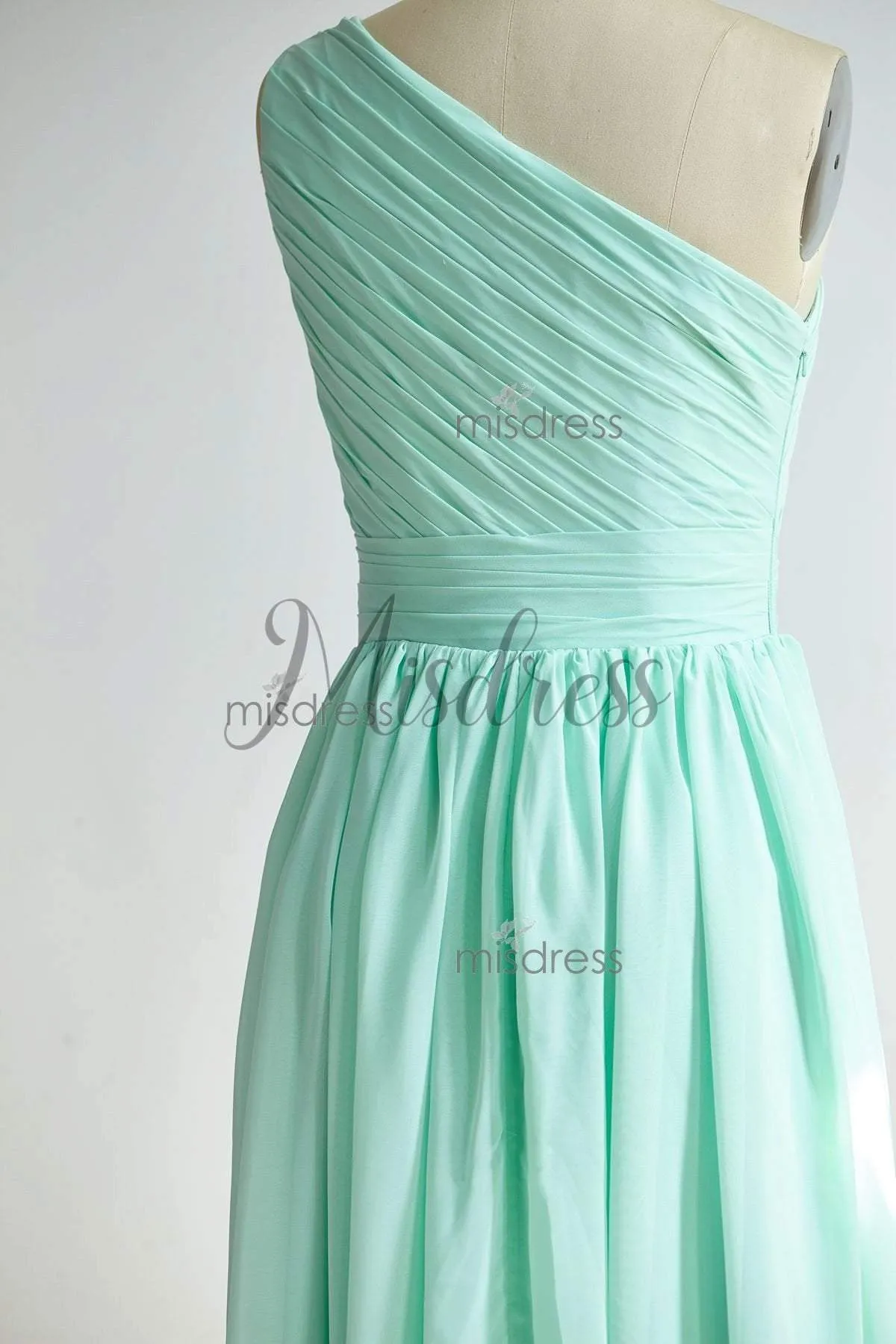 A-line One Shoulder Mint Chiffon Floor Length Wedding Bridesmaid Dress