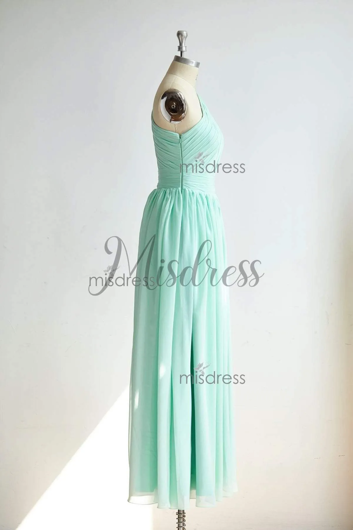 A-line One Shoulder Mint Chiffon Floor Length Wedding Bridesmaid Dress