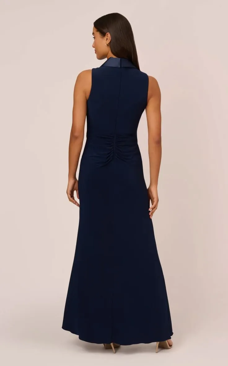 Adrianna Papell- Matte Jersey Twist Front Tuxedo Gown in Midnight