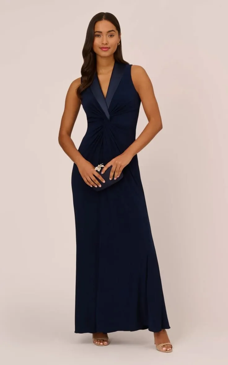 Adrianna Papell- Matte Jersey Twist Front Tuxedo Gown in Midnight