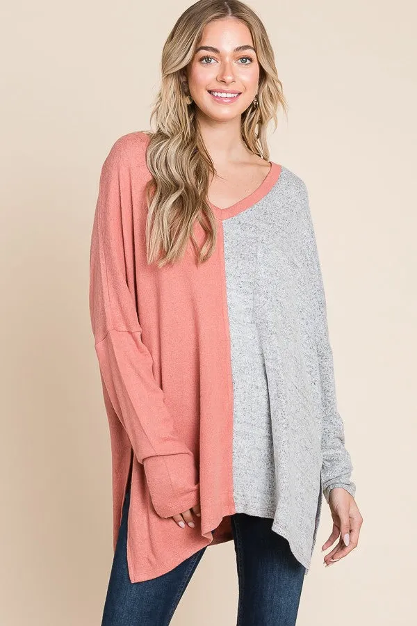 AGES ROSE COMBO COLOR BLOCK V-NECK TUNIC TOP