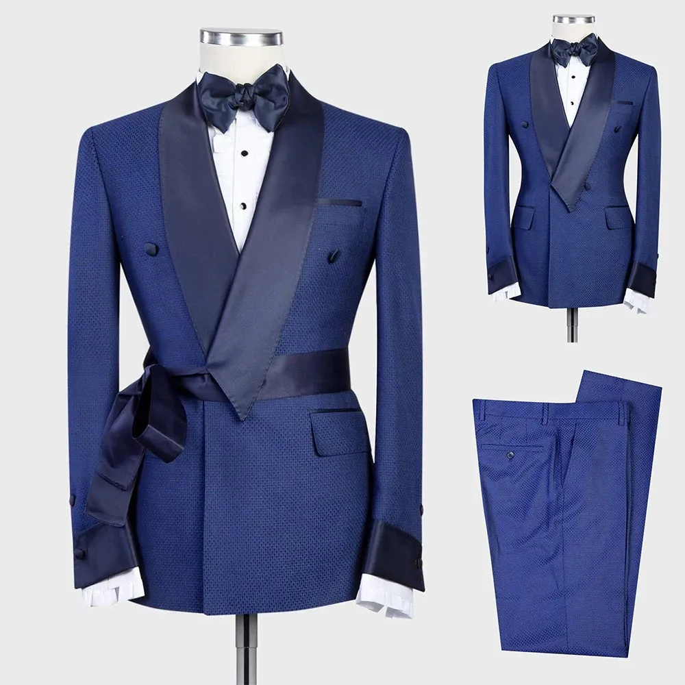 Aidase Classic Men's Suit Shawl Lapel Double Breasted Tuxedos With Belt For Wedding Slim Fit Groom Wear Business 2 Pcs Coat Pants