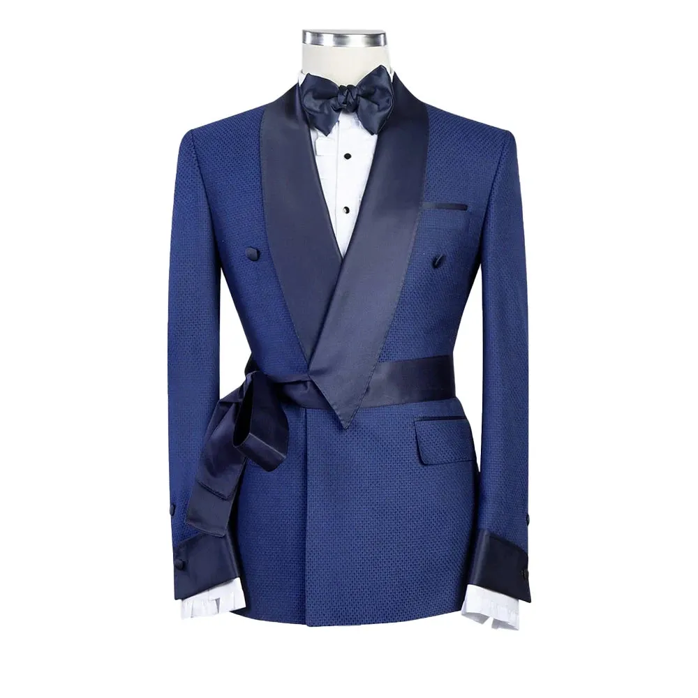 Aidase Classic Men's Suit Shawl Lapel Double Breasted Tuxedos With Belt For Wedding Slim Fit Groom Wear Business 2 Pcs Coat Pants