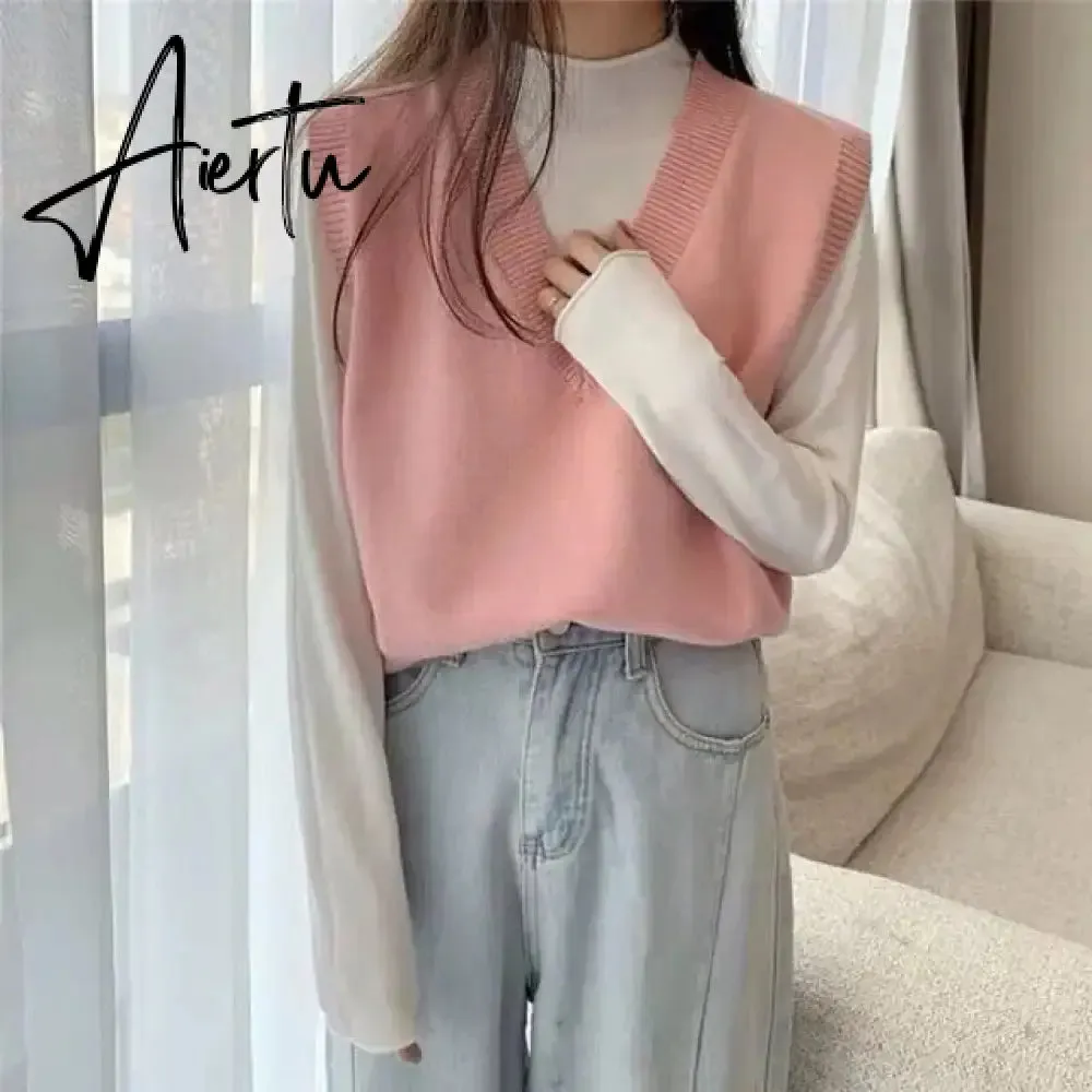 Aiertu Sweater Vest Women Solid Autumn Winter All-match Leisure Outerwear Knitted V-Neck Sleeveless Female Elegant Chic Simple Harajuku