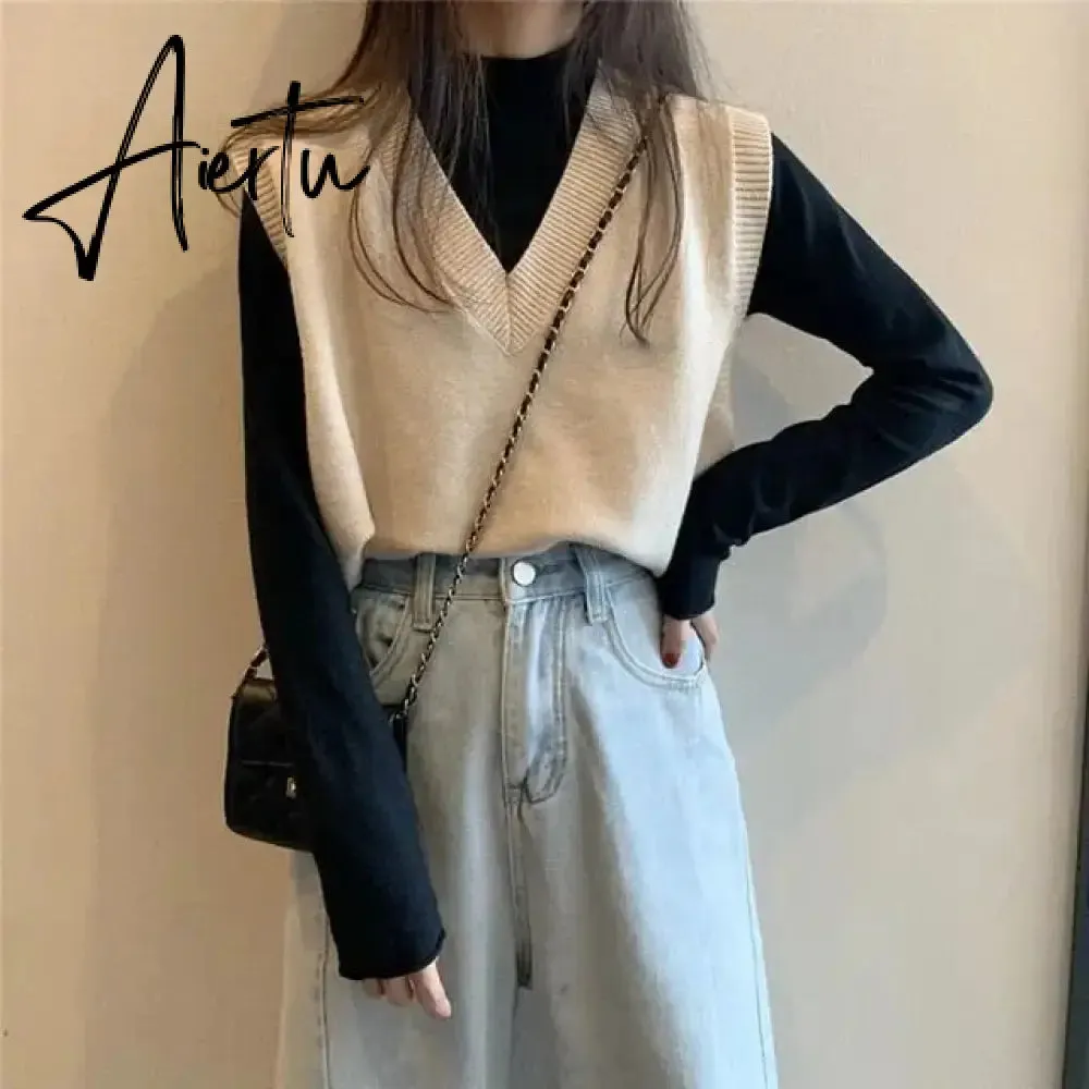 Aiertu Sweater Vest Women Solid Autumn Winter All-match Leisure Outerwear Knitted V-Neck Sleeveless Female Elegant Chic Simple Harajuku