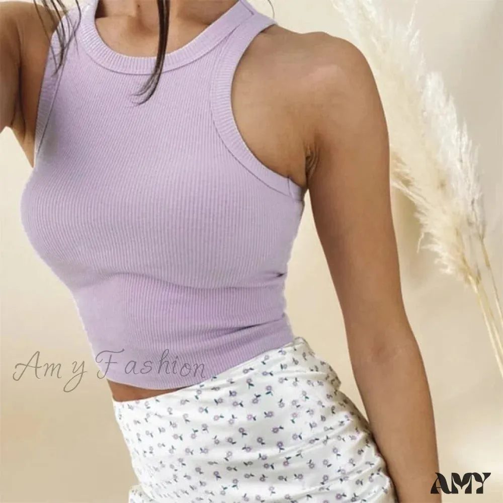 Amy Fashion - Vest Off Shoulder Knitted Candy Colors Crop Tops