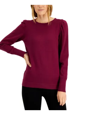 ANNE KLEIN Womens Purple Ribbed Pleated Pouf Sleeve Round Neck Sweater