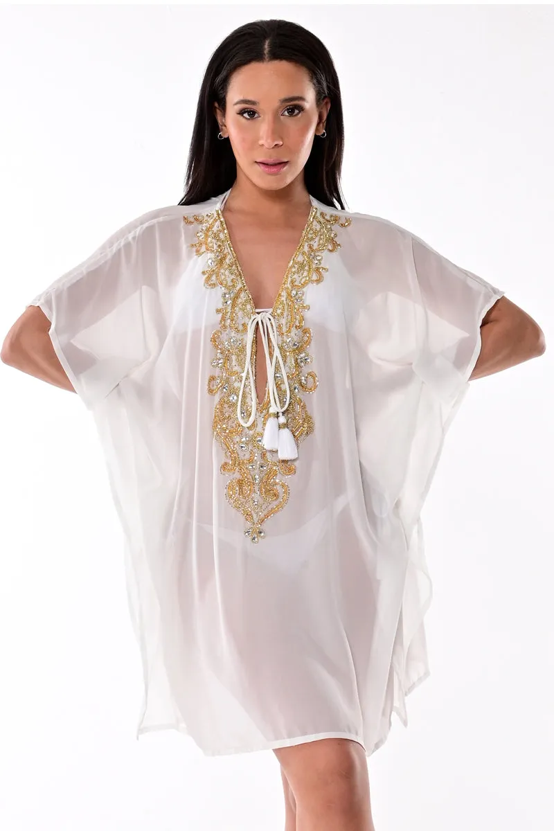 Azucar Ladies Tunic Beach Cover-Up Kaftan w/Bling Applique in (3) Colors - LPT1732