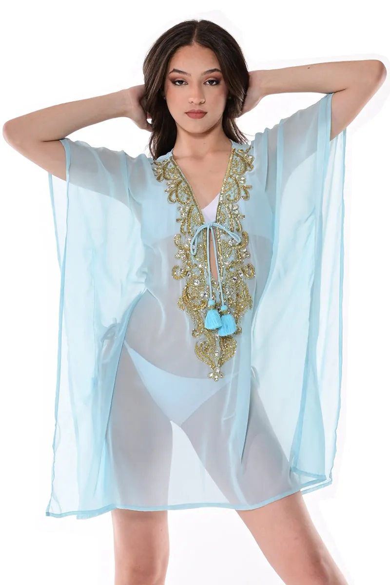 Azucar Ladies Tunic Beach Cover-Up Kaftan w/Bling Applique in (3) Colors - LPT1732