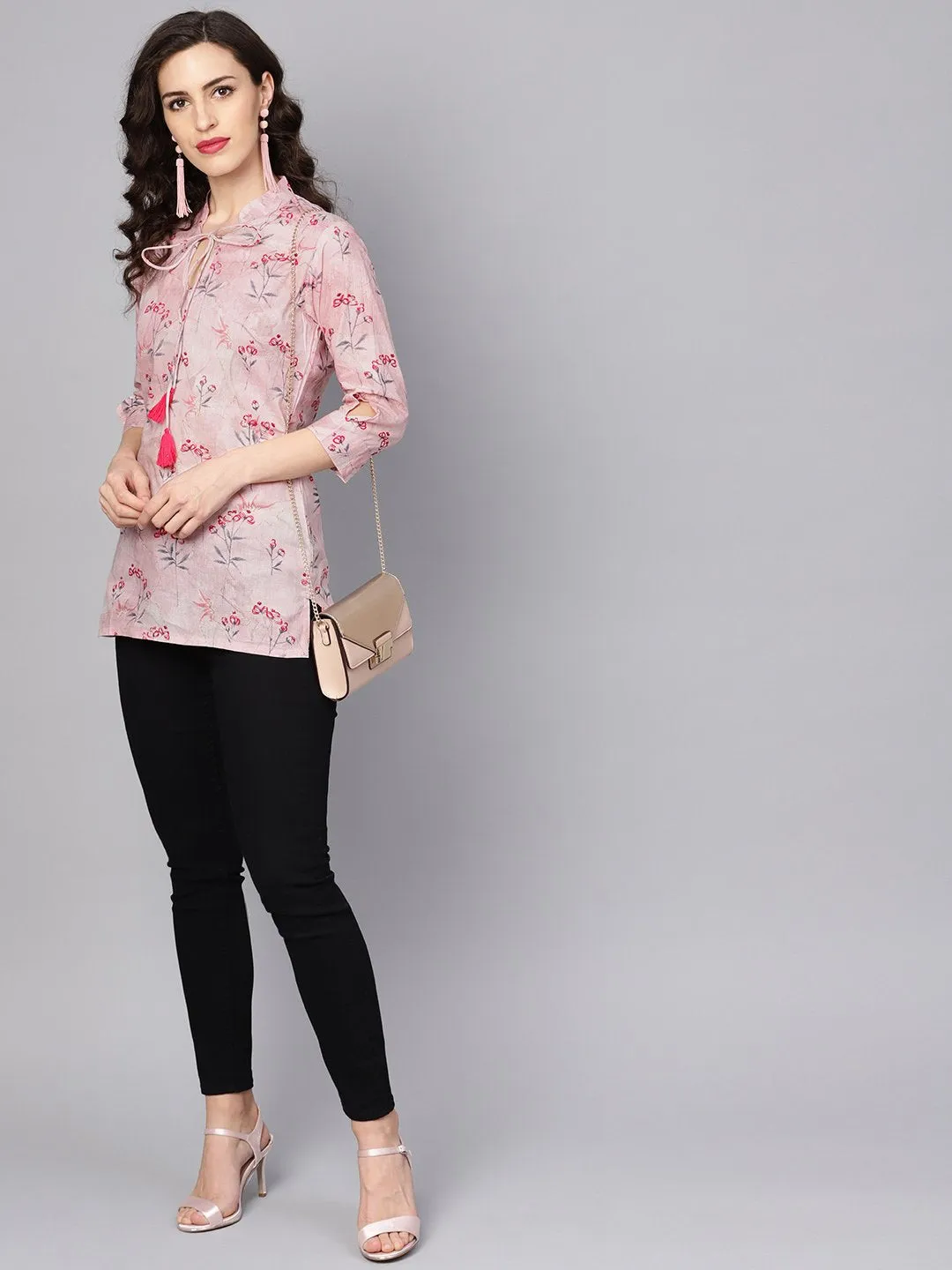 Baby Pink Printed 3/4Th Sleeve Cotton Tunic