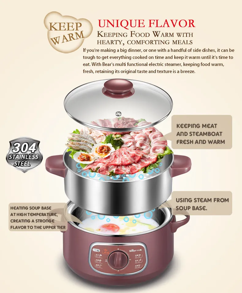 Bear 2in1 Steamer & Steamboat 2 Tier Stainless Steel convenient Steamer 8.0L 800Watt , Food Steamer(DZG-D80A1)