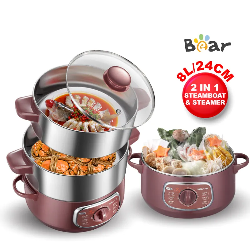 Bear 2in1 Steamer & Steamboat 2 Tier Stainless Steel convenient Steamer 8.0L 800Watt , Food Steamer(DZG-D80A1)