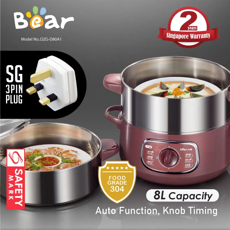 Bear 2in1 Steamer & Steamboat 2 Tier Stainless Steel convenient Steamer 8.0L 800Watt , Food Steamer(DZG-D80A1)