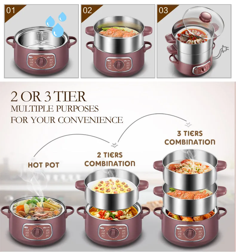 Bear 2in1 Steamer & Steamboat 2 Tier Stainless Steel convenient Steamer 8.0L 800Watt , Food Steamer(DZG-D80A1)