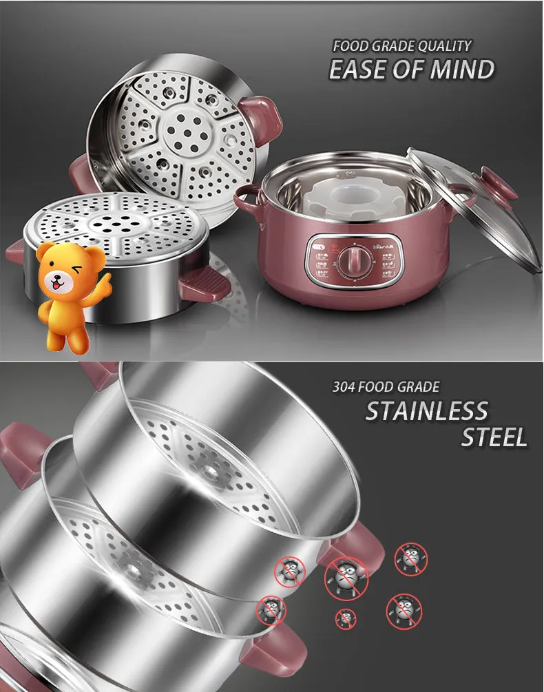 Bear 2in1 Steamer & Steamboat 2 Tier Stainless Steel convenient Steamer 8.0L 800Watt , Food Steamer(DZG-D80A1)