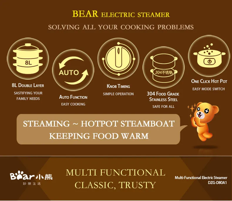 Bear 2in1 Steamer & Steamboat 2 Tier Stainless Steel convenient Steamer 8.0L 800Watt , Food Steamer(DZG-D80A1)