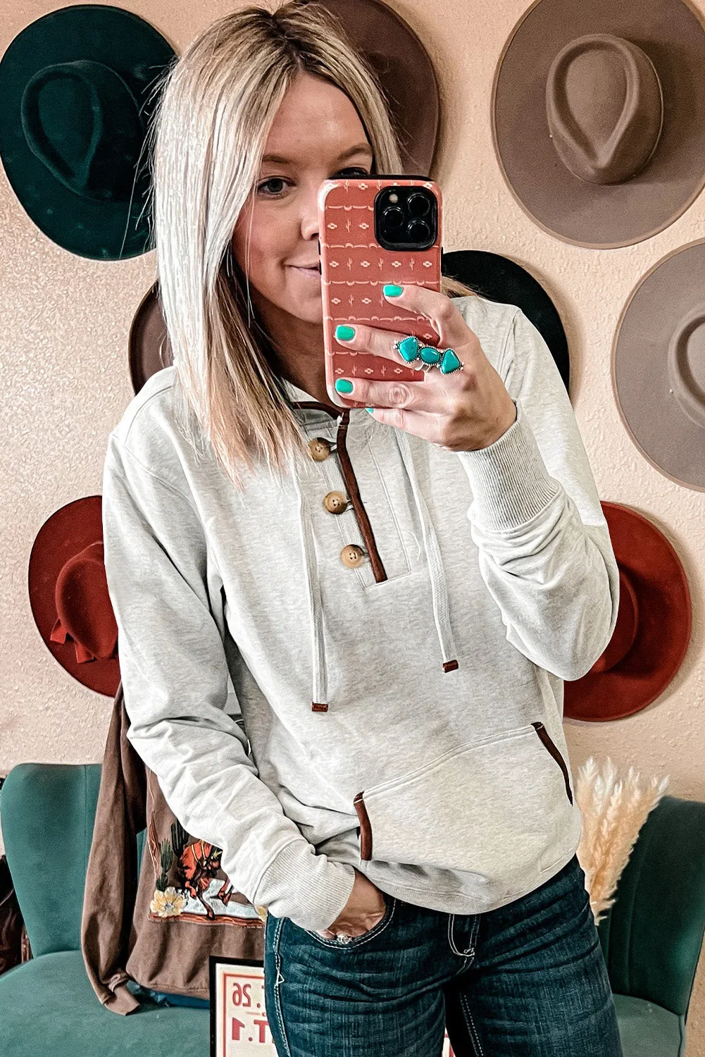 Beige Drawstring Kangaroo Pocket Henley Hoodie