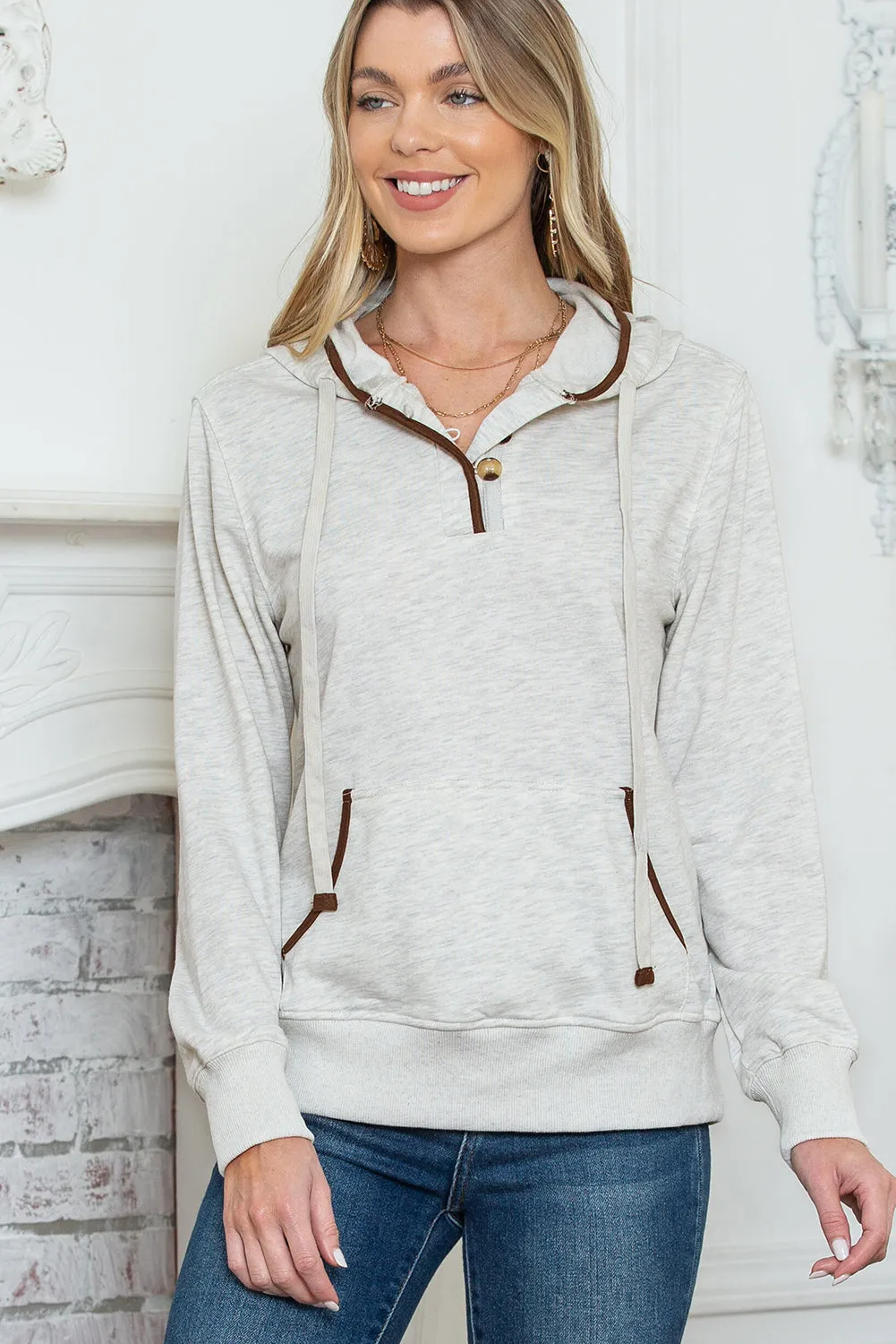 Beige Drawstring Kangaroo Pocket Henley Hoodie