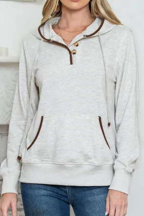 Beige Drawstring Kangaroo Pocket Henley Hoodie