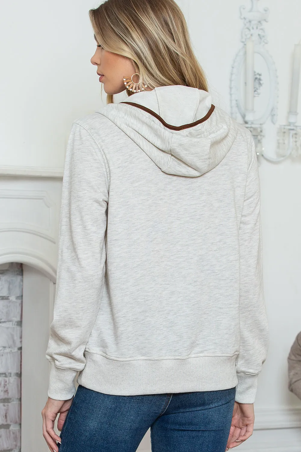 Beige Drawstring Kangaroo Pocket Henley Hoodie