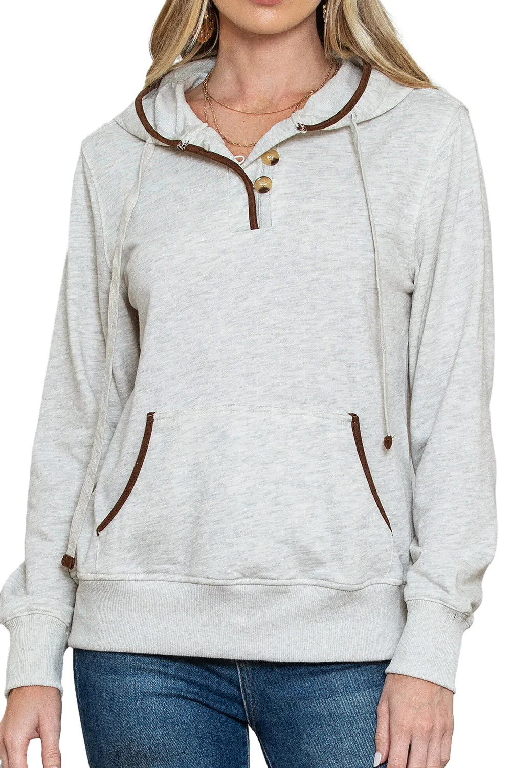 Beige Drawstring Kangaroo Pocket Henley Hoodie