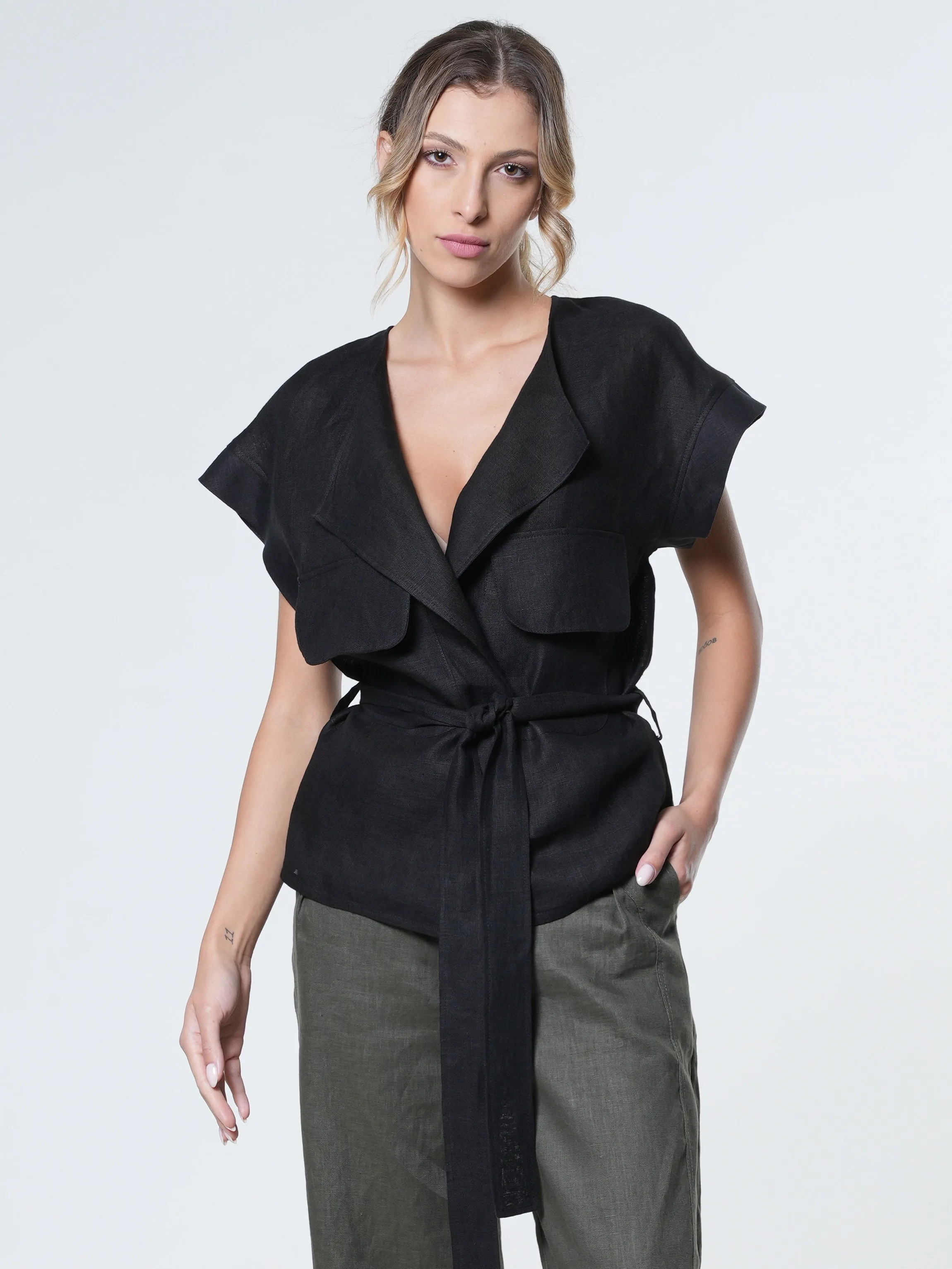 Belted Linen Wrap Top In Black