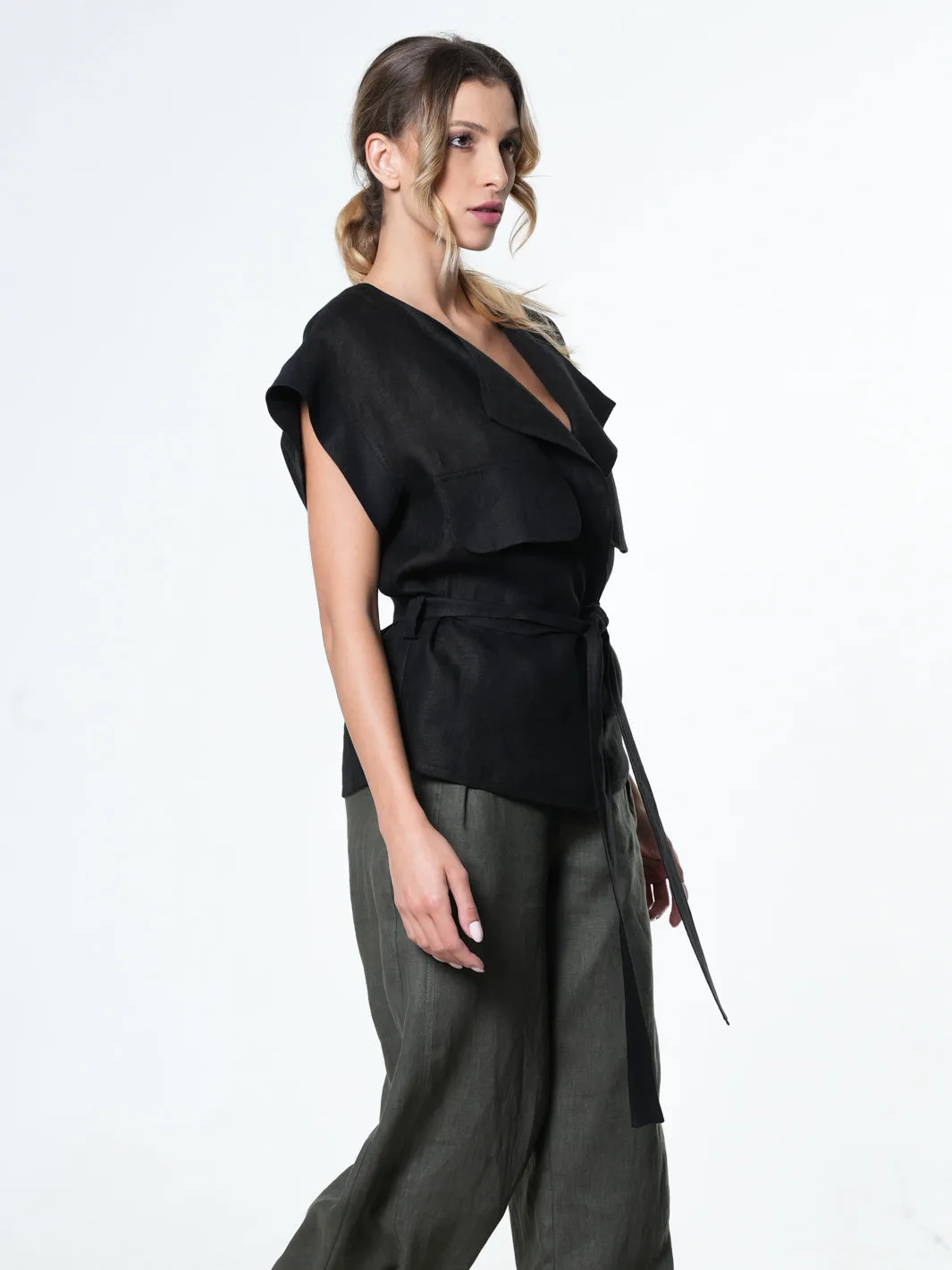 Belted Linen Wrap Top In Black