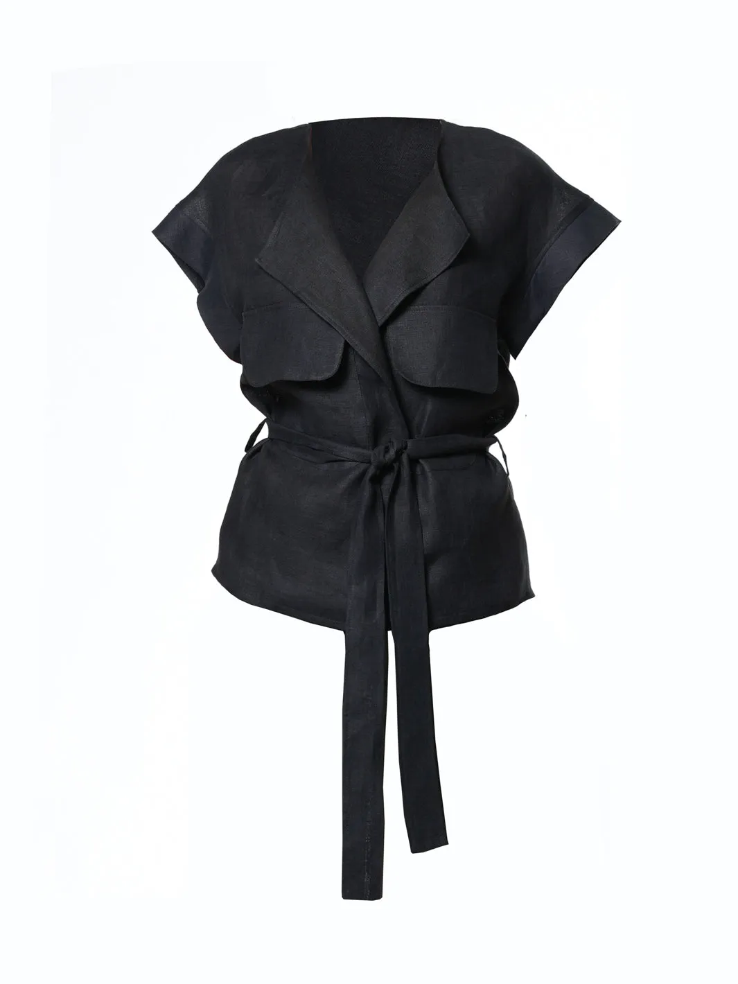 Belted Linen Wrap Top In Black