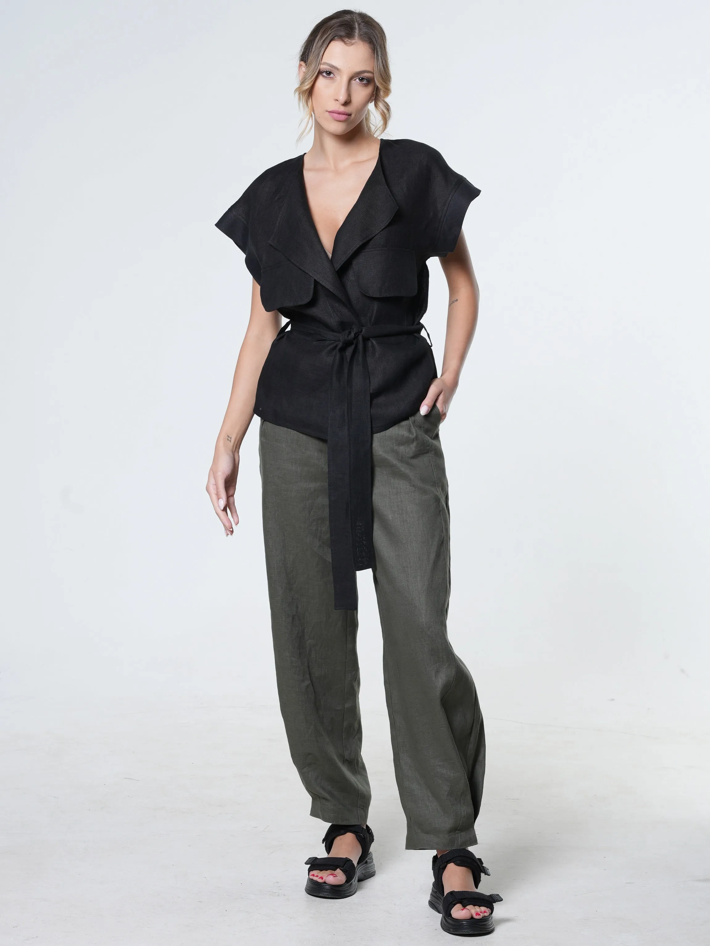 Belted Linen Wrap Top In Black