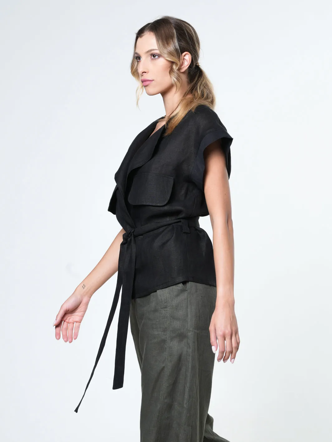 Belted Linen Wrap Top In Black