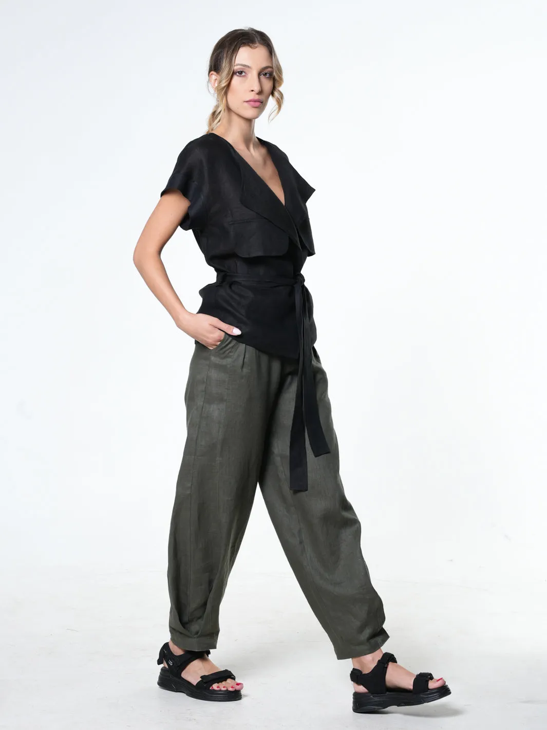 Belted Linen Wrap Top In Black